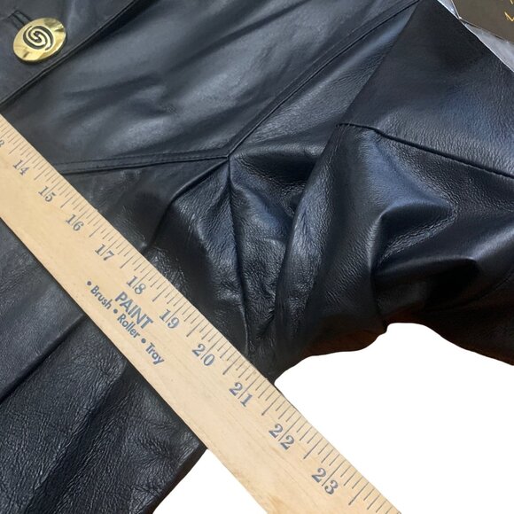 Womens Black Leather Long Trench Coat Gold Button NOS Goth Matrix Steampunk - Picture 2 of 12